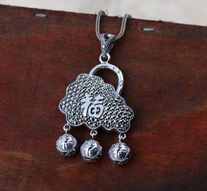 小黑銀飾批發925純銀飾品復古泰銀福字吉祥富貴長命鎖xh03